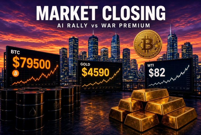 A "MARKET CLOSING" graphic with the subtitle "AI RALLY vs WAR PREMIUM" displaying BTC at $79,500, GOLD at $4,590, and WTI at $82 against a city skyline at sunset, with gold bars, oil barrels, and a Bitcoin coin in the foreground.