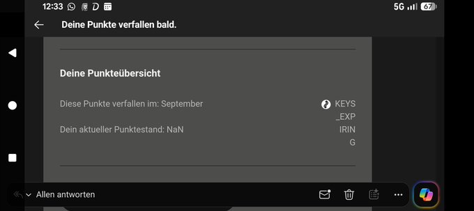 A mobile email screenshot with German text stating 'Deine Punkte verfallen bald' (Your points will expire soon), mentioning that 'Diese Punkte verfallen im: September' and noting the points are from 'KEYS_EXPIRING'.