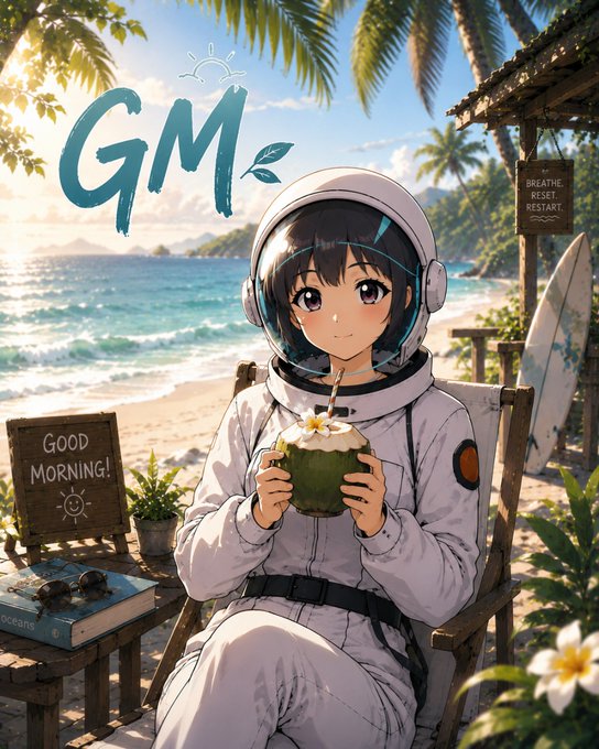 An anime-style illustration of a girl in an astronaut suit drinking from a coconut on a beach, with "GM" and "Good Morning!" written nearby.