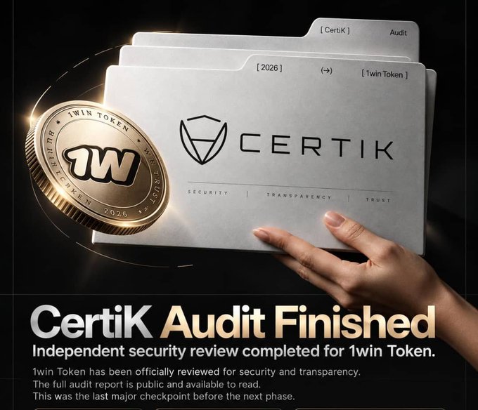 Promotional graphic announcing that the CertiK Audit for 1win Token is finished, featuring a gold '1WIN' coin and a folder labeled 'CertiK Audit' with the tagline 'Security | Transparency | Trust.'