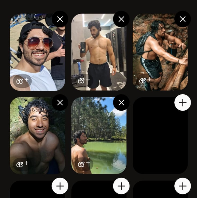 A photo selection screen displaying five images of a bearded man with curly dark hair, including shots of him in sunglasses, shirtless in a gym, shirtless by a stream, shirtless outdoors, and standing in a green lake, alongside three empty slots with plus icons.