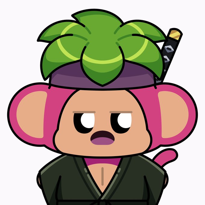 A cartoon illustration of a monkey character with pink fur wearing a black ninja outfit and a green-leaf headband with a katana tucked into it.
