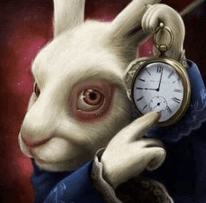 A close-up illustration of the White Rabbit from Alice in Wonderland, looking anxious while holding a large golden pocket watch.