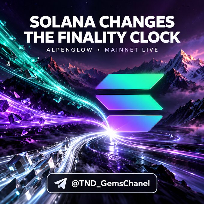 A futuristic Solana promotional graphic shows neon data streams racing toward the Alpenglow logo against a purple mountain landscape. The headline reads “SOLANA CHANGES THE FINALITY CLOCK,” with “ALPENGLOW • MAINNET LIVE” and “@TND_GemsChanel,” illustrating the post’s claim that Alpenglow targets roughly 150 ms finality versus the previous 12.8 seconds.
