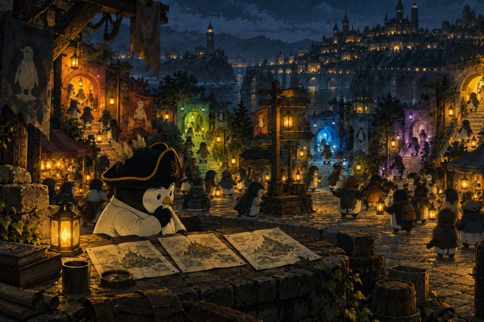 An illustrated scene of a fantasy medieval town at night with a cat-like character in a pirate hat studying a map, surrounded by other animal characters and a glowing city in the background.