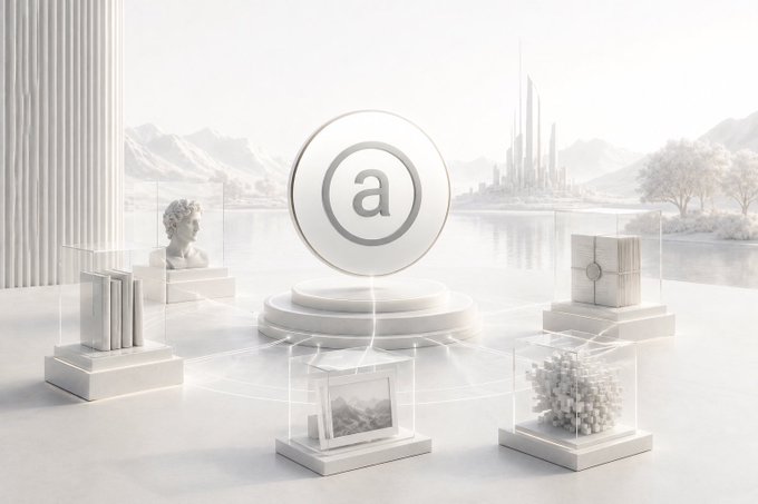 A 3D rendered promotional graphic shows a silver coin with the letter 'a' on it, surrounded by various art and literary objects including books, a bust, and a framed picture, set against a serene white landscape with mountains and a city skyline.
