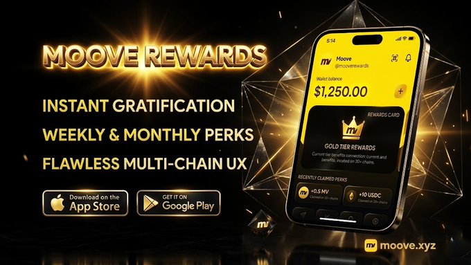 The image features an advertisement for Moove Rewards that showcases a cell phone with a gold background and text promoting instant gratification through mobile apps. The app, named "Moove Rewards", offers rewards such as gold coins or points for users who engage with the app regularly. The image also includes a link to the Moove Rewards app store page on Apple's App Store, which is designed to help users find and download the app easily.