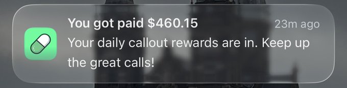 A mobile notification from the Pumpfun app shows a payout of $460.15 received 23 minutes ago, with the message "Your daily callout rewards are in. Keep up the great calls!"—celebrating the user's first "shillpig" earnings from their callout activity.