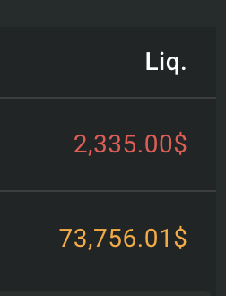 A dark interface showing 'Liq.' (Liquidation) values of $2,335.00 in red and $73,756.01 in orange, likely a trading account summary.