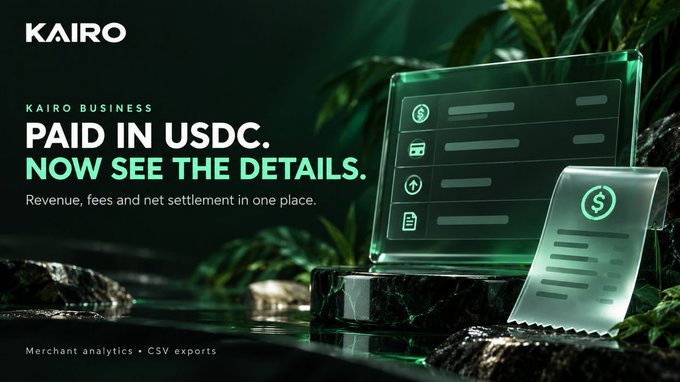 A dark, jungle-themed promotional banner for "KAIRO BUSINESS" features the headline "PAID IN USDC. NOW SEE THE DETAILS." alongside a glowing glass display of a financial dashboard showing revenue, fees, and net settlement, with a USDC receipt icon in the foreground. The imagery directly visualizes the post's point about Kairo building a comprehensive USDC payments and financial layer on Arc, highlighting the merchant analytics and CSV exports that bring transparency to the transaction process.