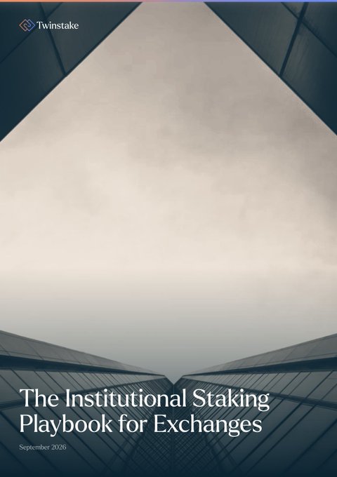A document cover titled "The Institutional Staking Playbook for Exchanges" dated September 2026, published by Twinstake, featuring a skyward architectural view.