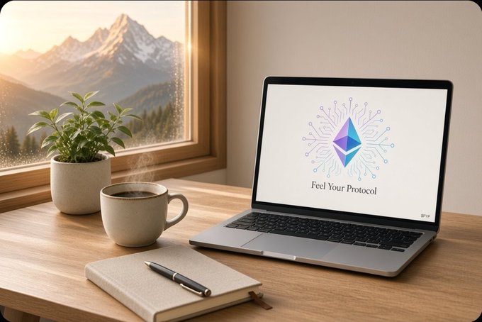 A serene desk setup with a steaming coffee mug, potted plant, notebook, and pen beside a laptop displaying the Ethereum logo and text 'Feel Your Protocol,' set against a window view of sunlit mountains.