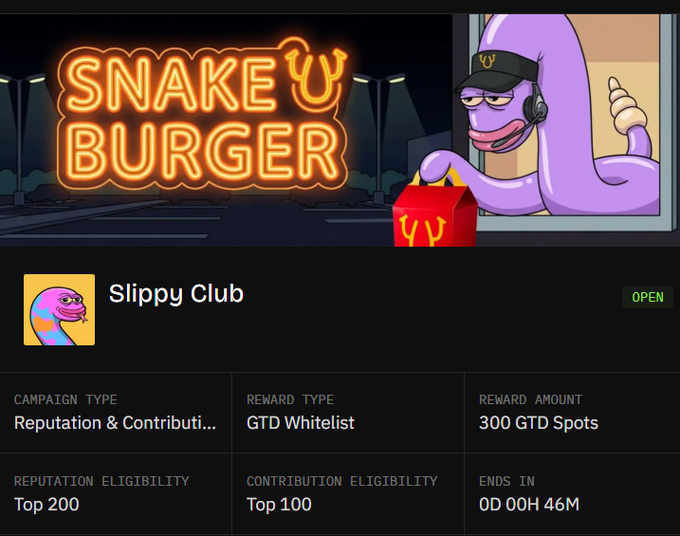 A digital campaign page for 'Snake Burger' featuring a cartoon purple snake at a drive-thru window, offering a 'GTD Whitelist' reward of '300 GTD Spots' for the 'Slippy Club'.