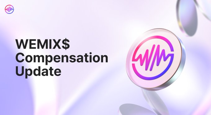 A graphic with a purple background shows the WEMIX logo on a coin with text reading 'WEMIX$ Compensation Update.'