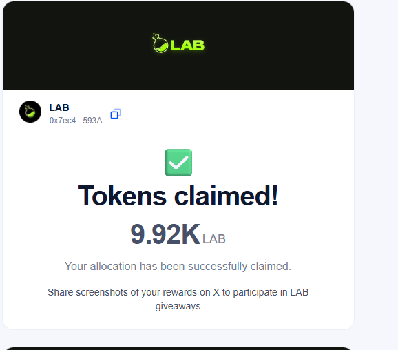 A confirmation screen shows "Tokens claimed!" for 9.92K LAB tokens (wallet address 0x7ec4...593A), indicating a successful crypto airdrop claim. The post celebrates finally claiming the LAB tokens, noting their current value of $912 while joking about the post-claim price drop and referencing plans to accumulate more.