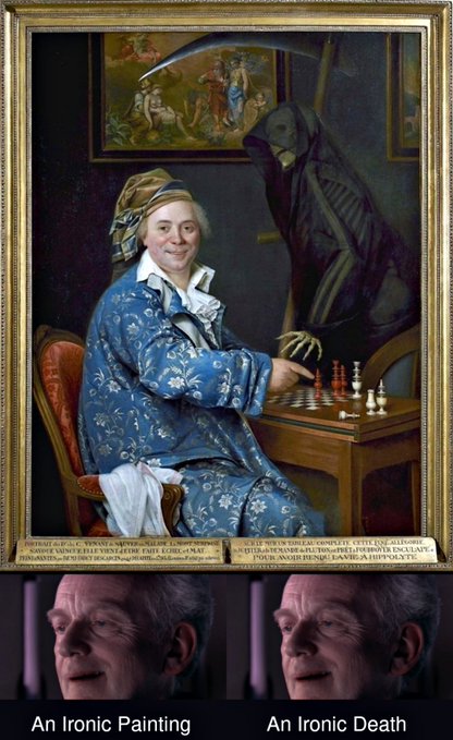 The image shows a humorous meme pairing a satirical painting of a cheerful man playing chess alongside the Grim Reaper, captioned "An Ironic Painting," with two photos of a smirking man labeled "An Ironic Death." The "GM" caption ties in as weekend greetings, suggesting the posters are enjoying their Friday with dark humor and ironic art.