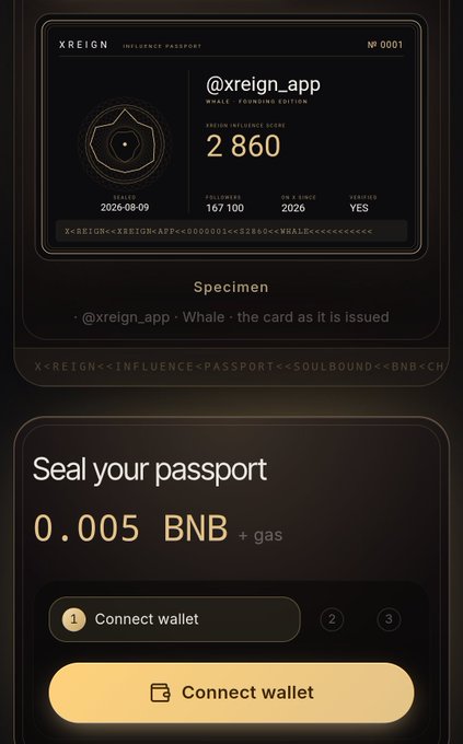 The image shows an XREIGN Influence Passport NFT specimen card labeled "Whale Founding Edition" (#0001) with an "intricate delicate gene" score of 2,860, alongside a "Seal your passport" prompt requiring 0.005 BNB plus gas to connect a wallet. This visually supports the post's warning, as the passport minting process demands a BNB payment—contradicting the project's claim of giving money away and suggesting a scam tactic to extract fees from users.