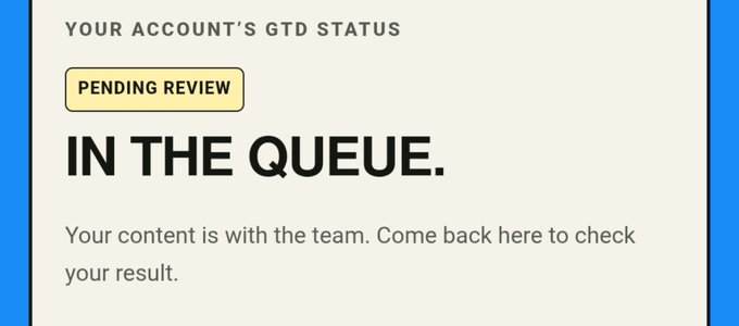 A status panel reads “YOUR ACCOUNT’S GTD STATUS,” “PENDING REVIEW,” and “IN THE QUEUE,” stating, “Your content is with the team. Come back here to check your result.” This appears to show the pending-review result after submitting $SUI content and an address to nogas.