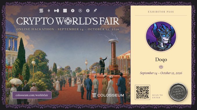 A promotional banner for the 'CRYPTO WORLD'S FAIR' online hackathon, dated September 14 – October 12, 2026, featuring a vintage illustration and an exhibitor pass for the user 'Doqo' with the URL colossum.com/worldsfair.