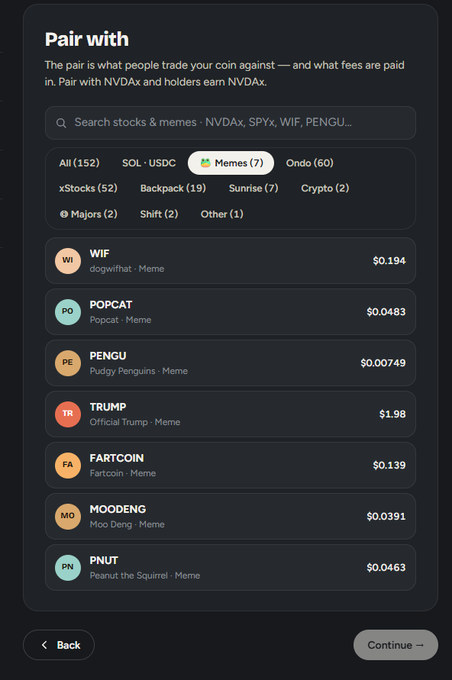 The image shows a "Pair with" selection interface for NVDax, displaying various meme token trading options including WIF ($0.194), POPCAT ($0.0483), PENGU ($0.00749), TRUMP ($1.98), FARTCOIN ($0.139), MOODENG ($0.0391), and PNUT ($0.0463), with a "Memes (7)" filter tab highlighted. This relates to the post about $EMBER as the interface appears to be used for selecting trading pairs, likely to gather community input on which meme tokens should be added to the platform's available pairings.