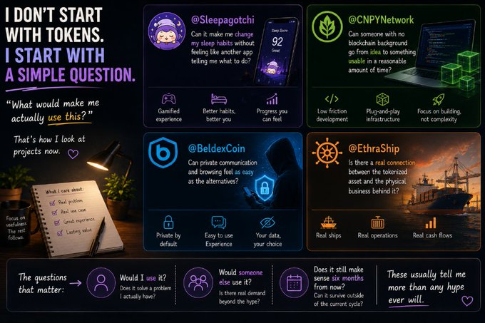 An infographic titled 'I DON'T START WITH TOKENS. I START WITH A SIMPLE QUESTION' evaluating crypto projects like @Sleepagotchi, @CNPYNetwork, @BeldexCoin, and @EthraShip based on usability, real-world utility, and long-term relevance.