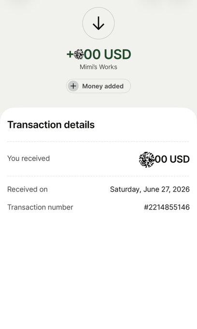 A transaction screenshot showing a money-added payment of 100 USD from "Mimi's Works," received Saturday, June 27, 2026 (transaction #2214855146). The image serves as visual proof of the upfront payment the author mentions waking up to in the post, supporting their point about Web3 reputation leading to consistent work opportunities.