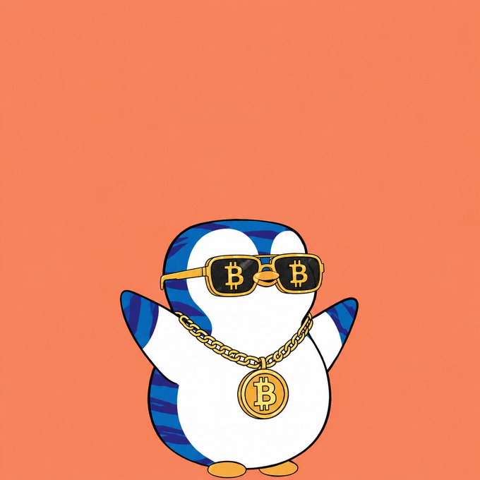 A cartoon penguin wearing gold Bitcoin-logo sunglasses and a Bitcoin chain necklace stands against an orange background, paired with a "Happy Taco Tuesday" crypto motivational message encouraging consistent learning and smart opportunity-seeking.
