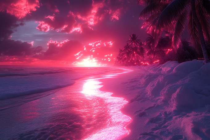 A vibrant pink and magenta sunset over a tropical beach, with palm trees silhouetted against the colorful sky and the ocean waves washing onto the sandy shore.