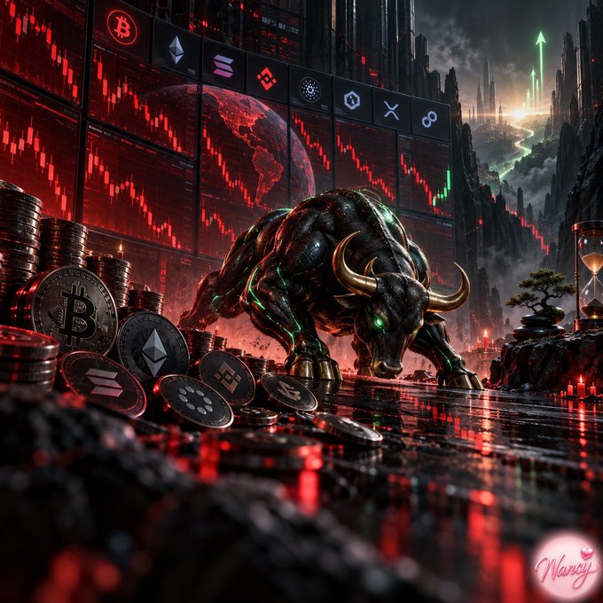 A stylized digital artwork featuring a mechanical bull surrounded by stacks of cryptocurrency coins like Bitcoin and Ethereum, set against a backdrop of red trading charts.
