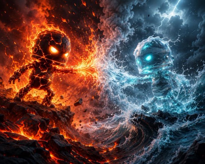 A dramatic digital artwork depicting a battle between two elemental characters—one composed of glowing lava and fire on the left, and another made of water and ice on the right—facing off against a stormy sky.