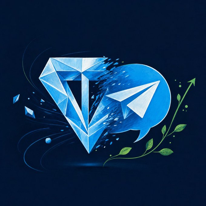 The image features a vibrant graphic design with two distinct blue elements, one resembling a diamond shape and the other appearing as a balloon. These colors create a striking contrast against a dark background. The primary focus of this artwork is a telegram bubble, symbolizing the Telegram messaging platform that has recently been dormant but is now ready to be kicked off. Additionally, there are several small green leaves scattered around these blue elements, adding an element of nature and freshness to the overall design.