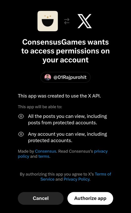 A mobile app permission screen stating 'ConsensusGames wants to access permissions on your account' on the X platform, showing the handle @01Rajpurohit and authorization options to Cancel or Authorize the app.