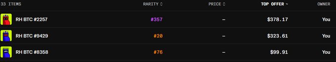 A digital NFT marketplace listing showing three RH HTC items with rarities #357, #20, and #76, priced at $378.17, $323.61, and $99.91 respectively, all owned by 'You'.