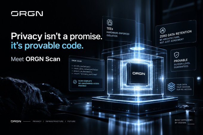A dark, futuristic ORGN advertisement with the tagline 'Privacy isn't a promise. it's provable code.' showcasing a glowing blue cube with features like TEEs, zero data retention, and provable silicon-level guarantees.