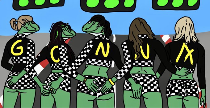 A digital drawing of five green frog-like figures in matching black and white checkered outfits, with yellow letters on their backs spelling 'GONUA'.