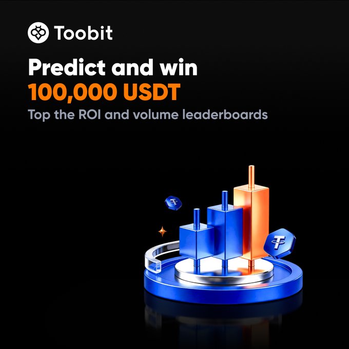 A promotional graphic for Toobit features bold white and orange text on a black background reading "Predict and win 100,000 USDT" and "Top the ROI and volume leaderboards," accompanied by a 3D illustration of a blue-and-orange bar chart podium flanked by floating crypto coins. The image visually supports the post's call-to-action to trade predictions on breaking news and compete for the 100,000 USDT prize pool.