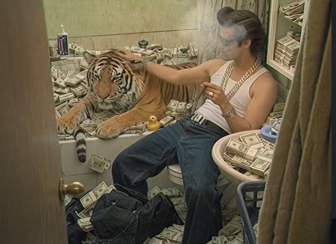 A man wearing a white tank top and sunglasses lounges in a bathtub filled with cash while petting a tiger, with additional stacks of money covering the surrounding area.