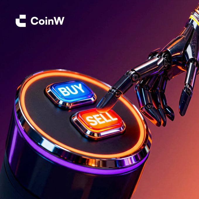 A promotional image for the crypto exchange CoinW, showing a metallic robotic hand pressing a glowing 'SELL' button next to a 'BUY' button on a circular platform.