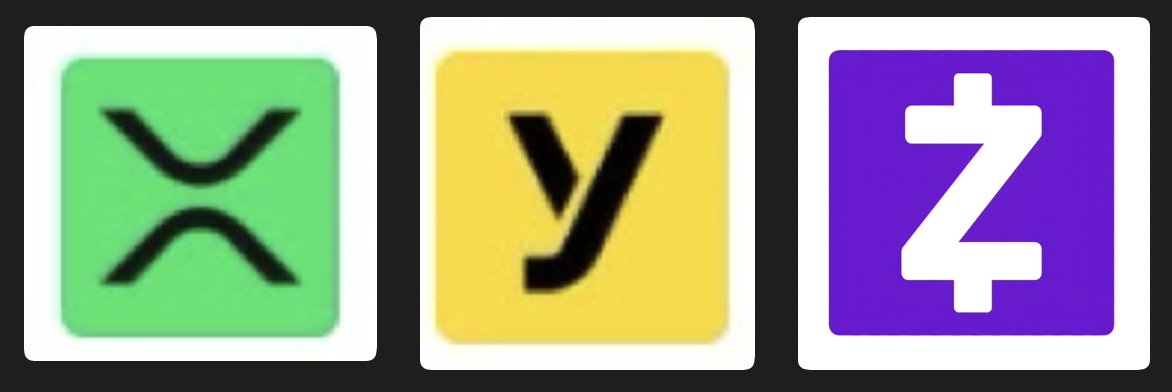 Three app-like square icons are shown: a green symbol resembling crossed curved marks, a yellow lowercase “y,” and a purple icon with a white angular mark resembling a “Z” with a vertical stroke.