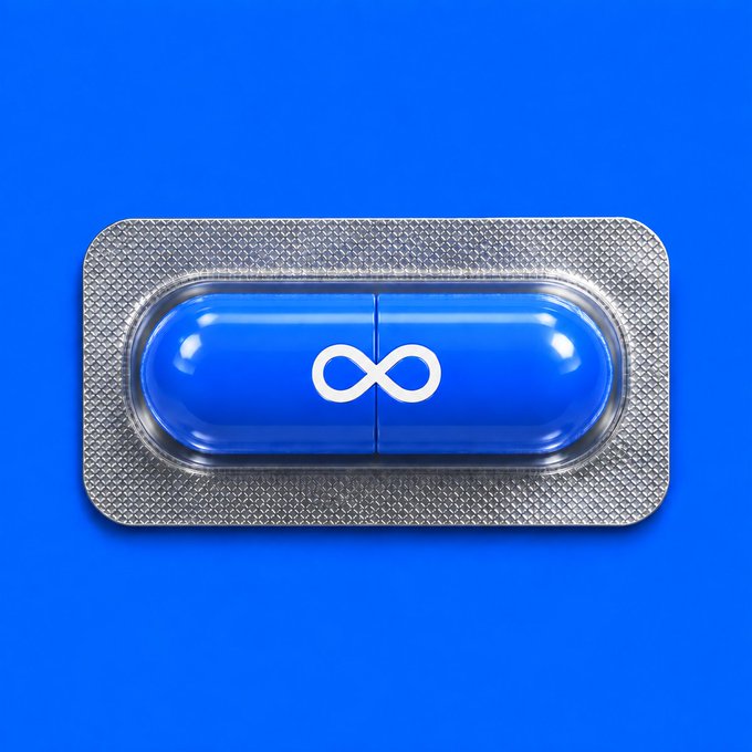 A blue pill with an infinity symbol encased in a silver blister pack, representing the "MEXC-pilled" crypto exchange meme symbolizing an unbreakable commitment to the MEXC platform.