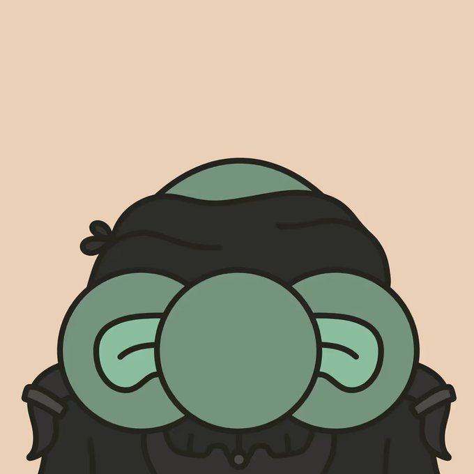 A cartoon illustration of a character wearing a black beanie, large round green goggles, and a black jacket against a peach background.