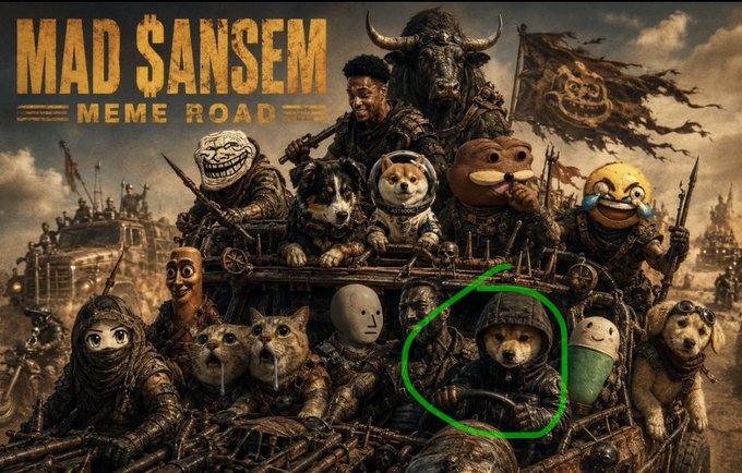 The image is a Mad Max-style meme poster titled "MAD $ANSEM MEME ROAD," featuring various meme characters and animals as warriors, with a dog wearing a helmet circled in green. The circled dog represents Dogwifhood ($HOOD), shown as one of the warriors escorting the rest of the meme characters on this chaotic post-apocalyptic road, matching the post's description.