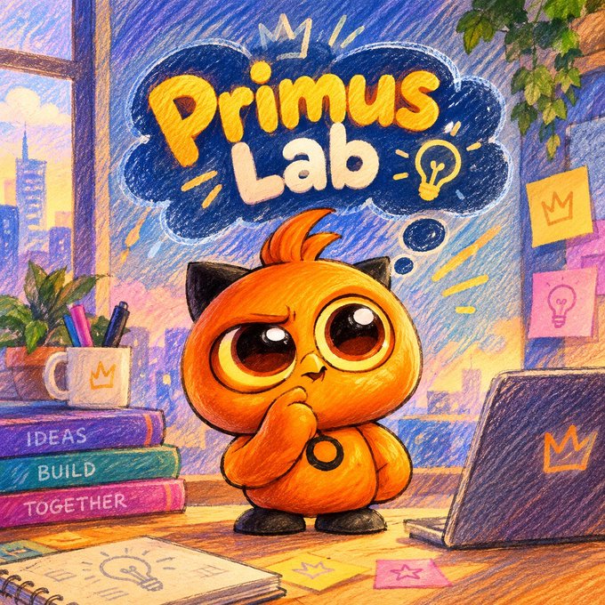 A colorful crayon-style illustration of an orange cartoon character labeled 'Primus Lab', standing by a laptop with books labeled 'IDEAS', 'BUILD', and 'TOGETHER'.