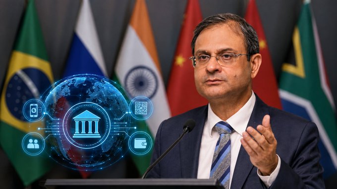 RBI Governor Sanjay Malhotra speaks at a BRICS event with member nations' flags visible behind him, as an overlay graphic depicts interconnected digital payment and CBDC systems, illustrating discussions on linking fast-payment infrastructure across BRICS countries.