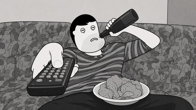 A black-and-white cartoon illustration of a man on a floral couch drinking from a bottle while holding a TV remote, with a plate of food on his lap.