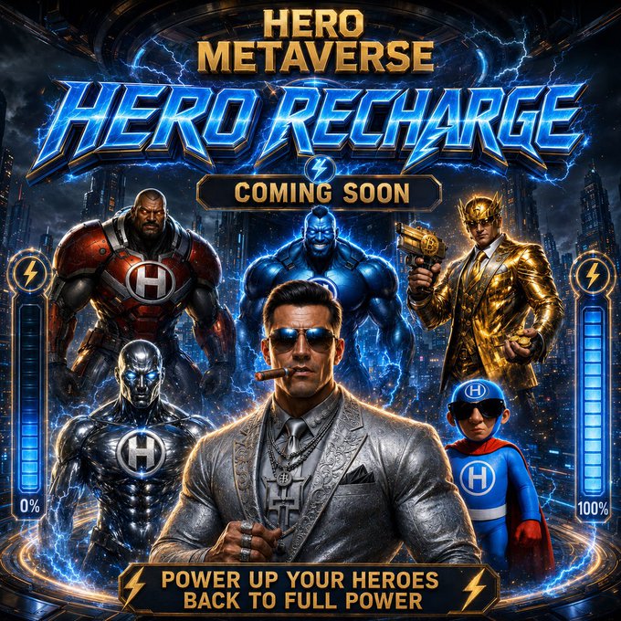 A promotional graphic for 'HERO METAVERSE: HERO RECHARGE COMING SOON' featuring various superhero and action figures with the tagline 'POWER UP YOUR HEROES BACK TO FULL POWER'.