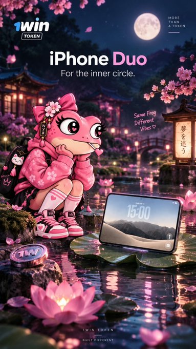 Colorful promotional poster for '1WIN TOKEN' featuring a pink frog mascot dressed in a kimono next to an 'iPhone Duo', set against a Japanese garden backdrop with cherry blossoms, a full moon, and the slogan 'More than a token'.