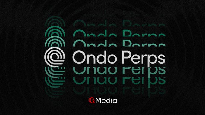 The image features a logo for a company called "Ondo Perps". The logo is predominantly colored with shades of green and black, featuring an arrow pointing downwards as if towards a black surface or screen. Below this main logo, there's additional text that reads "Ondo Perps" in white letters. This combination of elements creates the visual association between the company name and its medium—media being indicated by the presence of the arrow. The overall presentation suggests that the company might be working on a countdown to launch their product or that they are already in an exciting time ahead, grabbing low-cost materials such as Ethereum coins at this point.