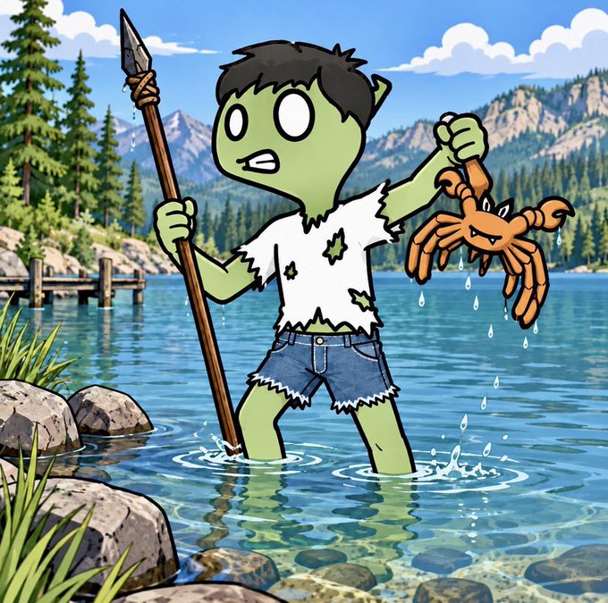 Cartoon illustration of a green-skinned creature standing in a lake, holding a spear and a dripping orange crab, wearing a torn white shirt and denim shorts.