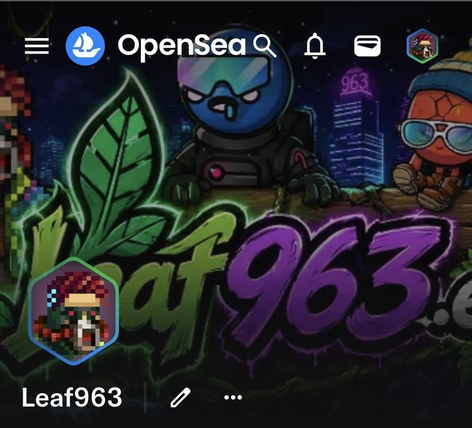An OpenSea profile page for 'Leaf963' featuring pixel art avatars and a city skyline with '963' in neon.
